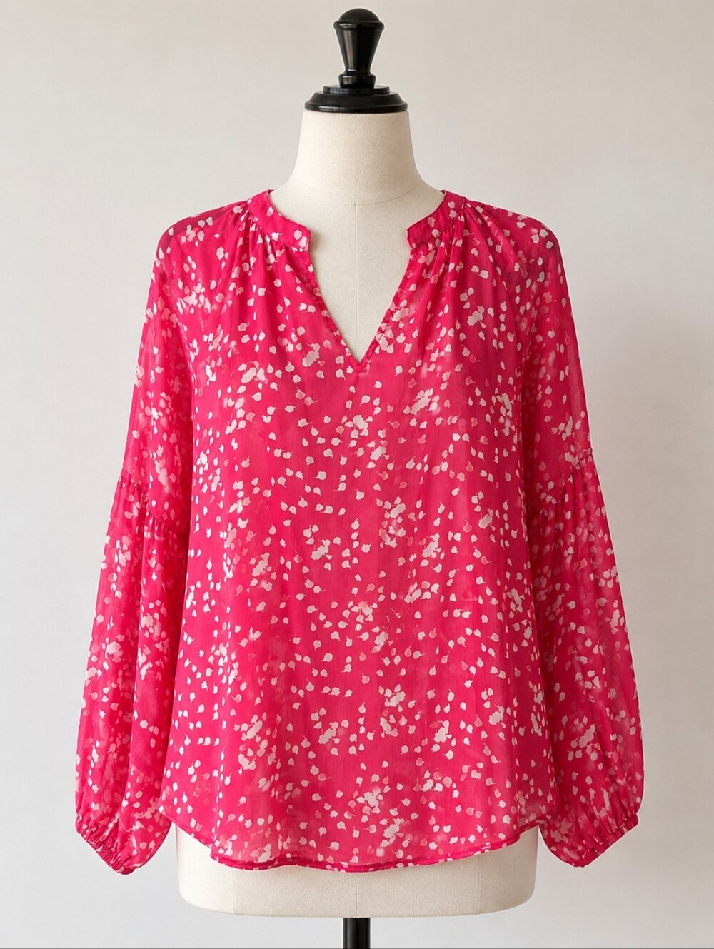 Pink Printed Long-Sleeve V-Neck Blouse